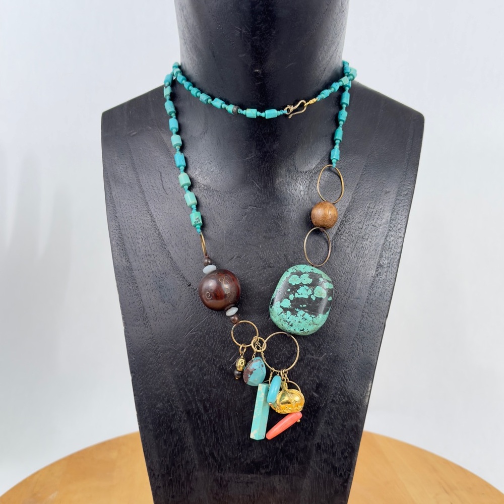 CHAN LUU Multi-beaded Turquoise Long Necklace w Crown Charm & Sterling 925 Clasp - Picture 1 of 16